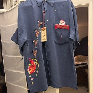 Navy Blue Men's Shirt with Santa and Reindeer Embroidery